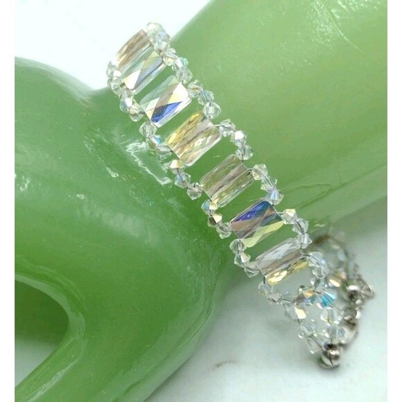 Vintage Jewelry - Sterling Silver 925 Aurora Borealis Rhinestone Crystal Bracelet 7.5-8.75" 14mm
